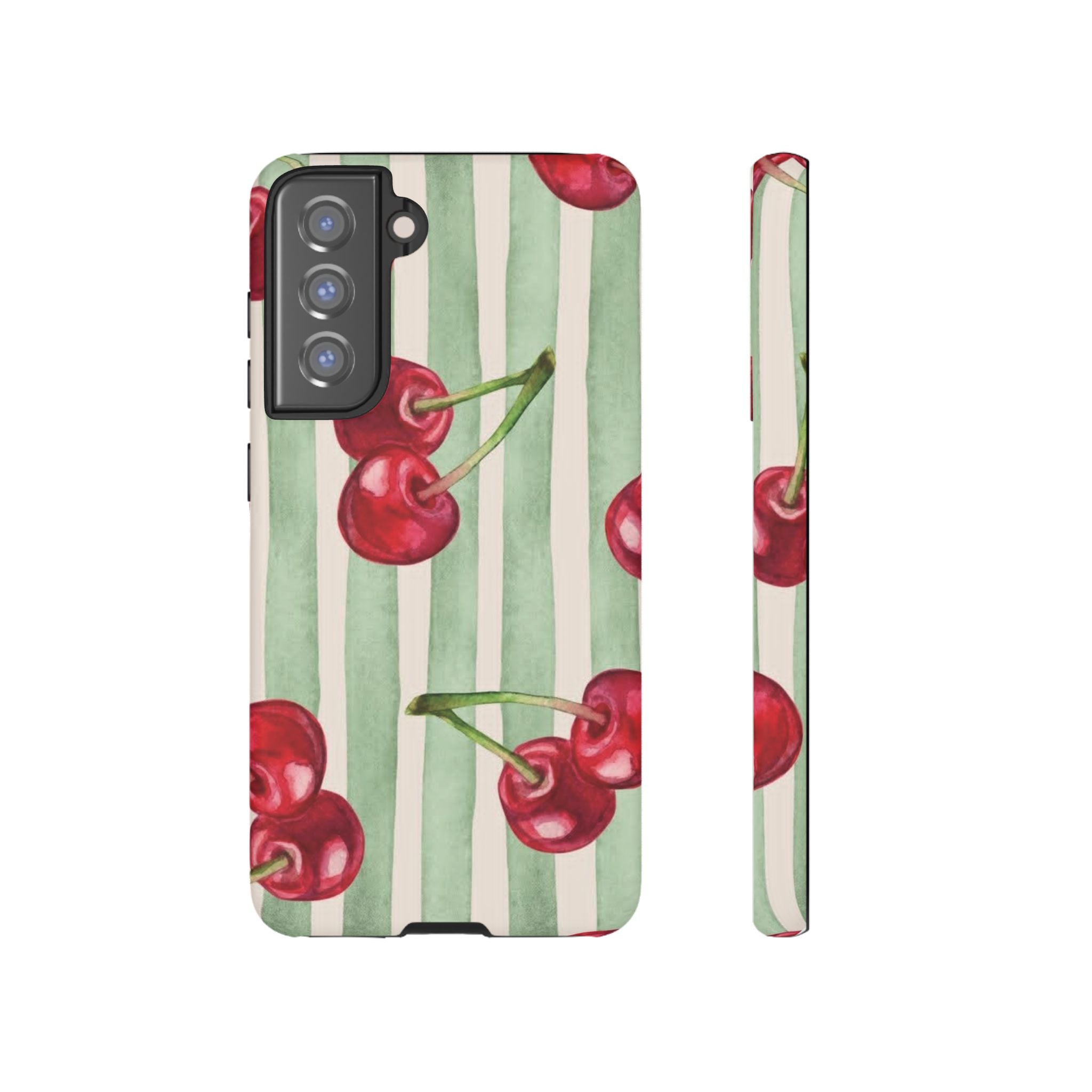 Cherry Stripe Phone Case – Retro Watercolor Cherries on Mint Stripes