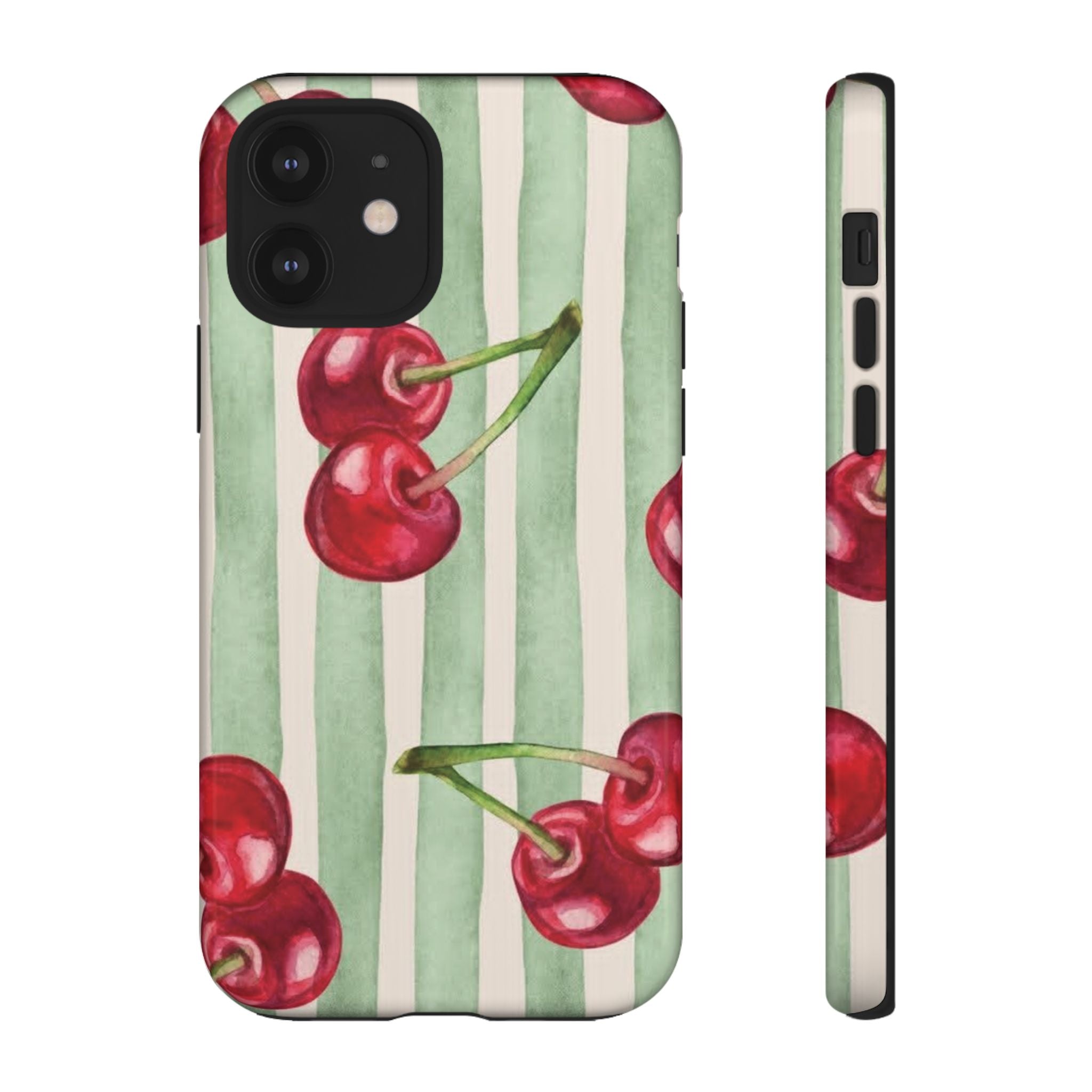 Cherry Stripe Phone Case – Retro Watercolor Cherries on Mint Stripes