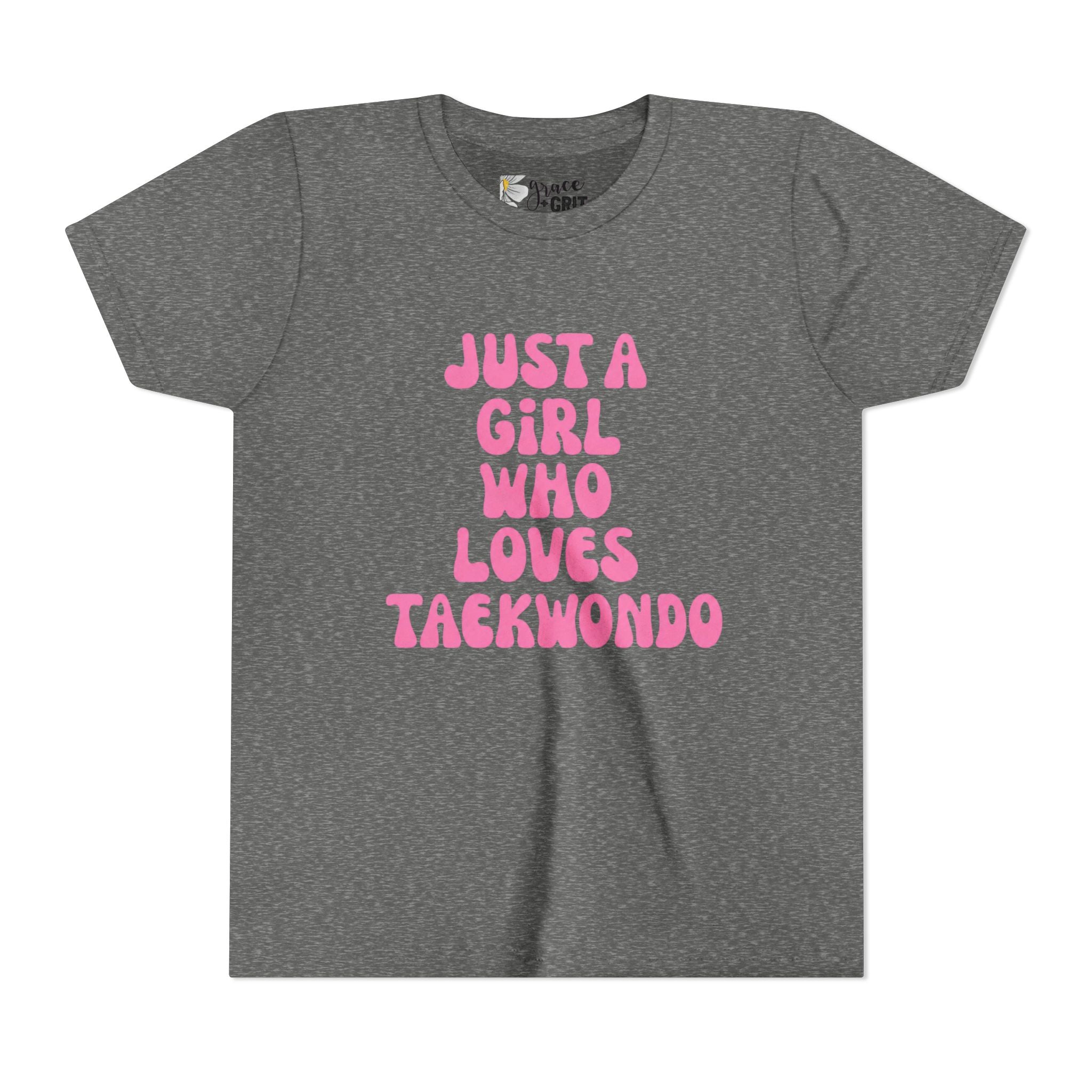 Just a Girl Who Loves Taekwondo Youth Tee | Pink Text Martial Arts Shirt