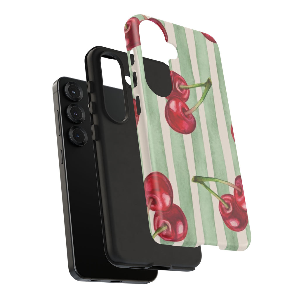 Cherry Stripe Phone Case – Retro Watercolor Cherries on Mint Stripes