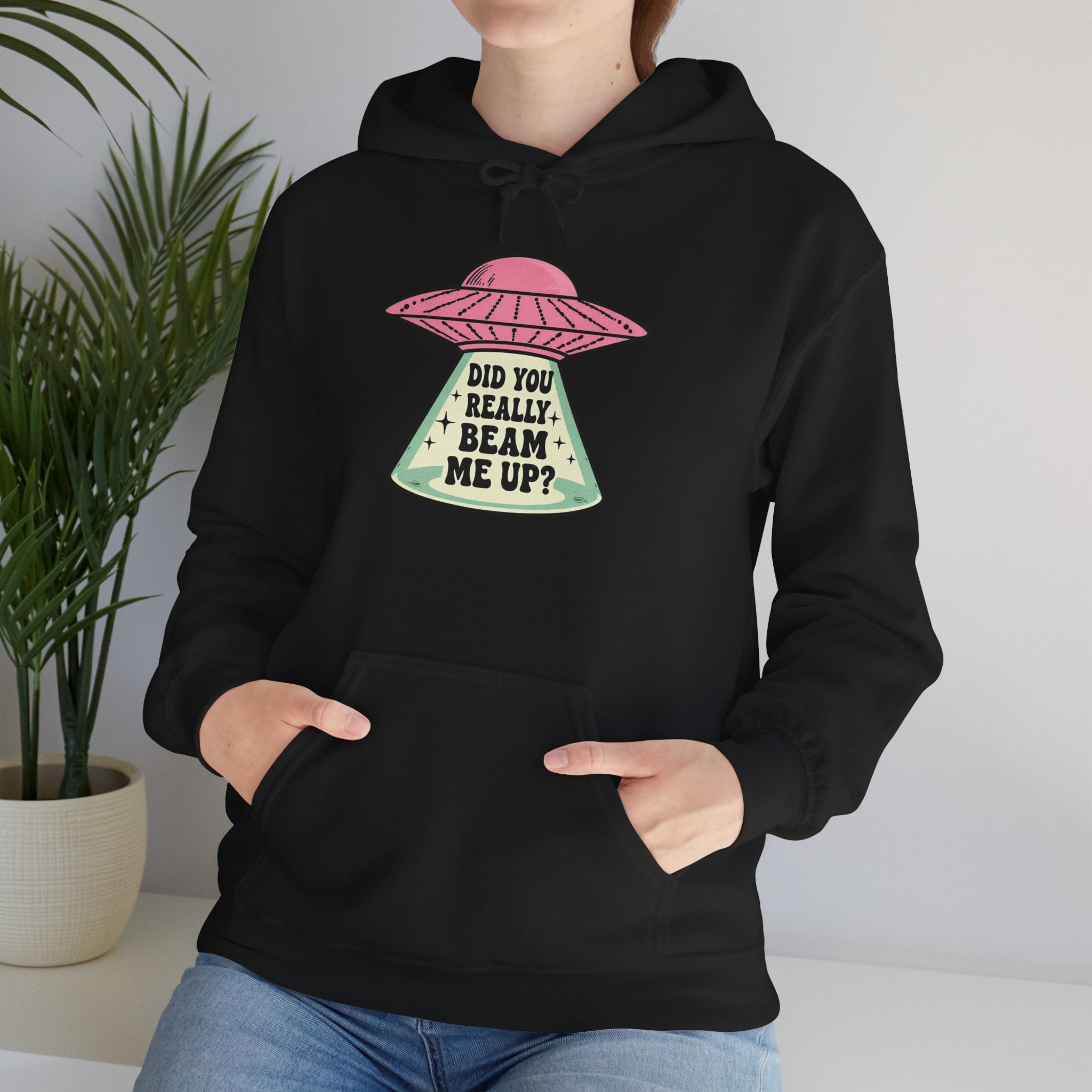 Alien UFO Hoodie — "Did You Really Beam Me Up?" Cute Retro Graphic Sweatshirt