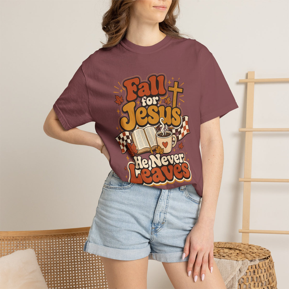 Fall for Jesus He Never Leaves Christian T-Shirt