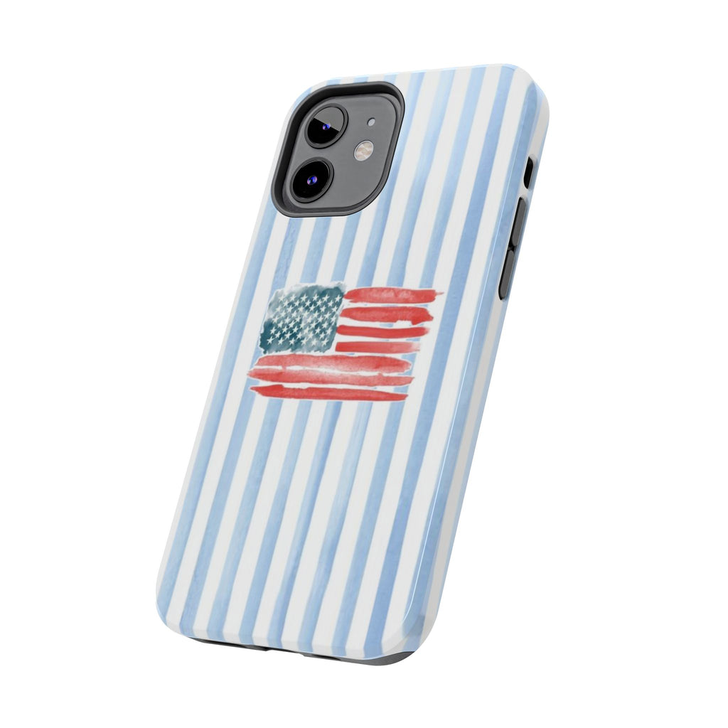 American Flag Watercolor Tough Phone Case — Blue Striped Patriotic Phone Case