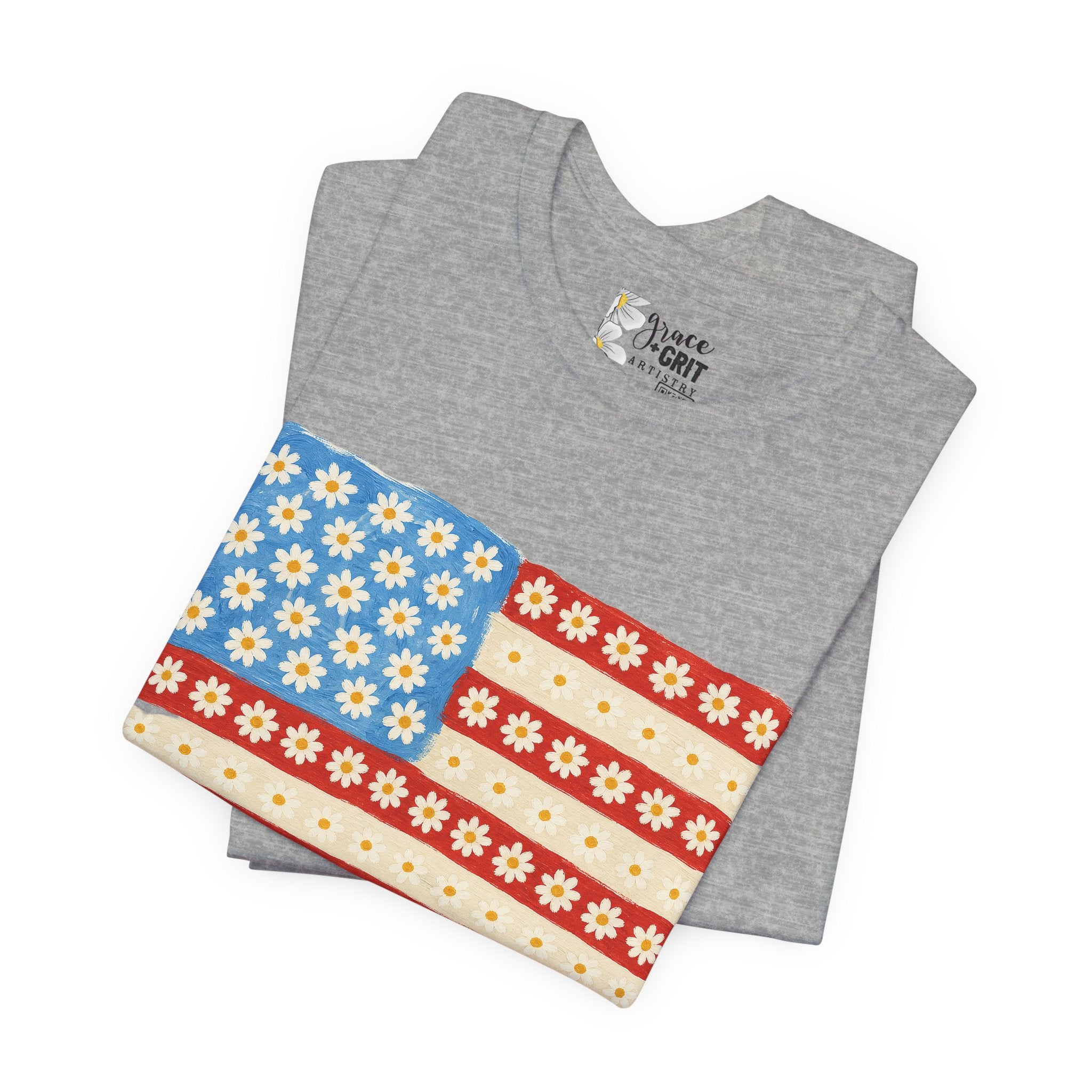 Daisy Flag T-Shirt — Retro Floral American Flag Tee for Patriotic Summer