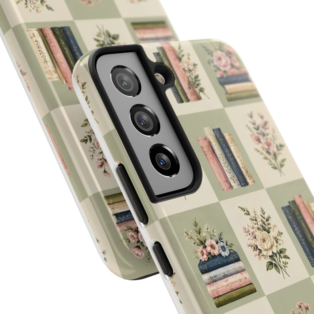 Floral Bookshelf Tough Phone Case — Vintage Floral & Stacked Books Pattern