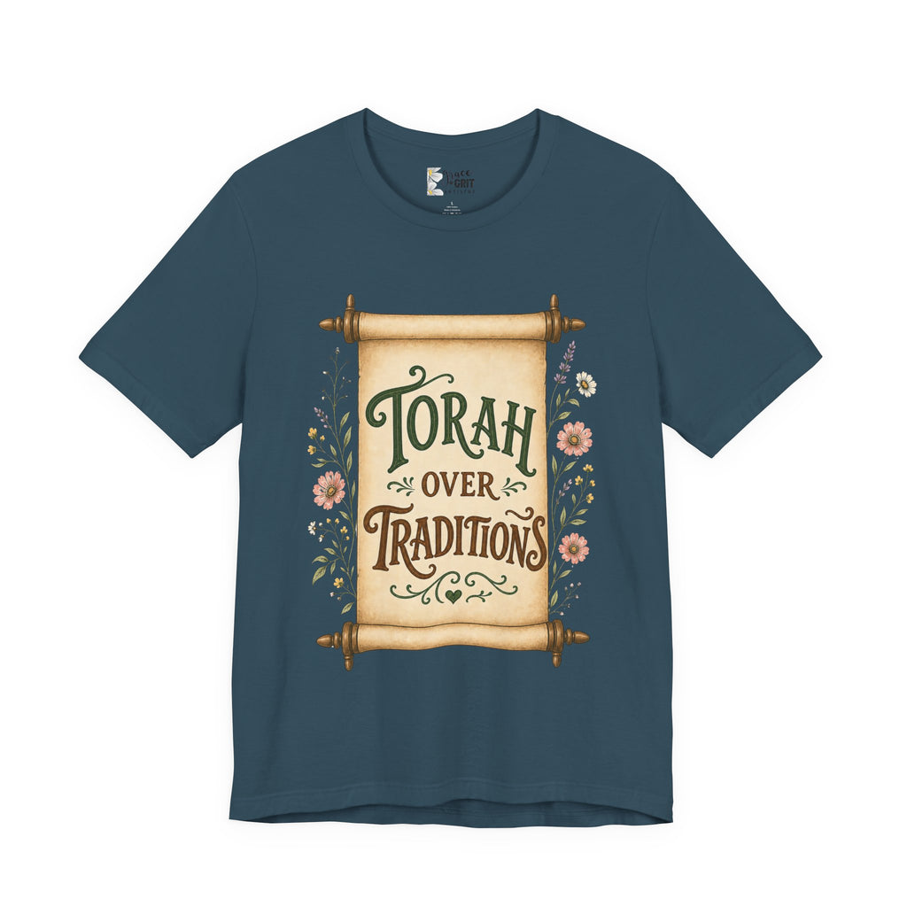 Torah Over Traditions T-Shirt — Vintage Scroll Floral Jewish Pride Tee