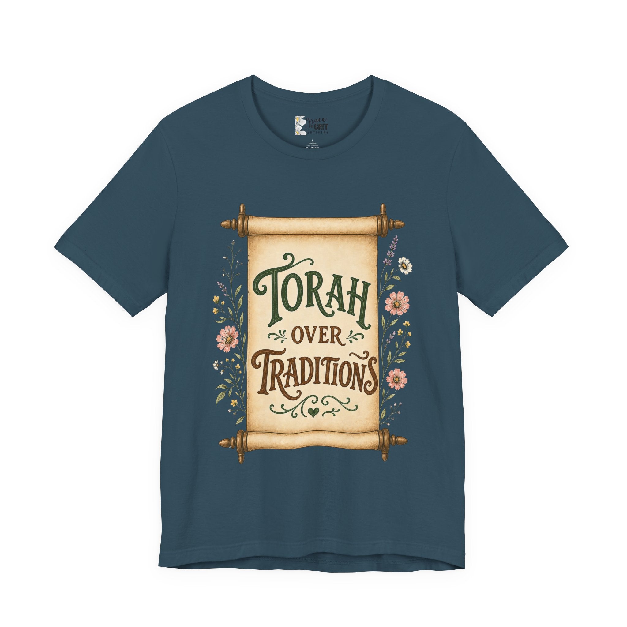 Torah Over Traditions T-Shirt — Vintage Scroll Floral Jewish Pride Tee