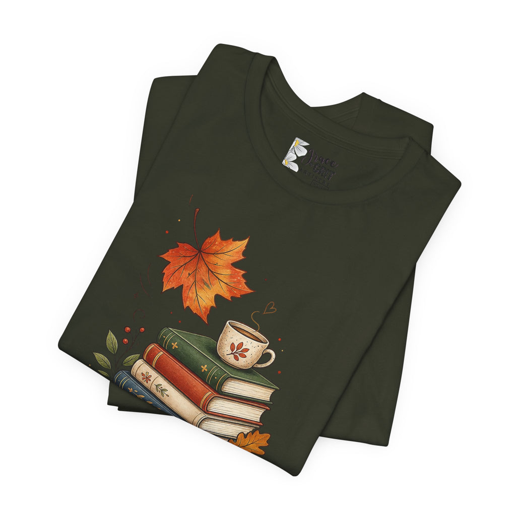 Fall Homeschool T‑Shirt – “Falling into Homeschool” Autumn Books & Coffee Tee