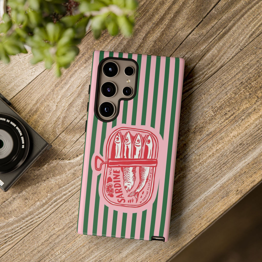 Sardine Stripe Phone Case — Retro Pink & Green Nautical Protection