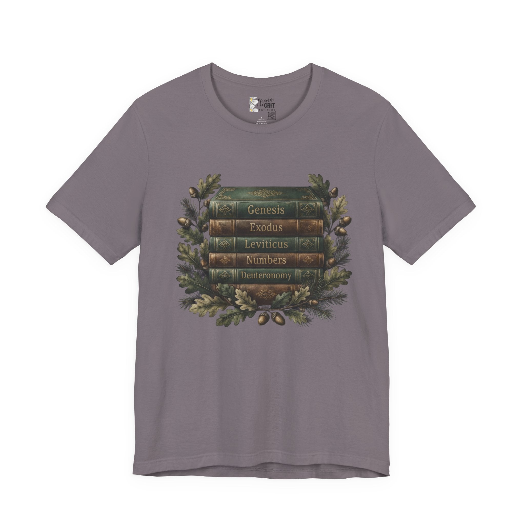 Bible Verse Stack T-Shirt — Genesis Exodus Leviticus Numbers Deuteronomy Floral Graphic