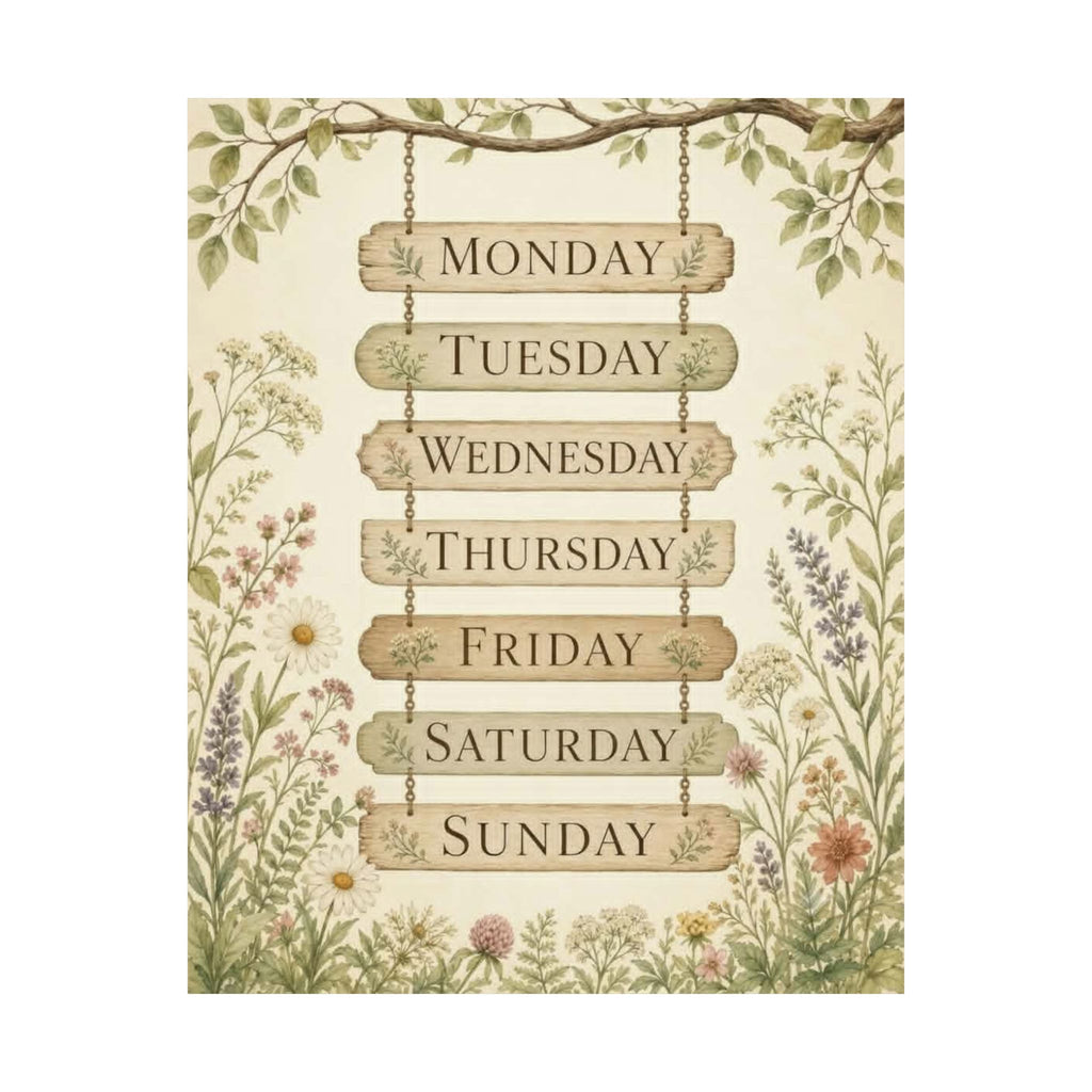 Vintage Floral Days of the Week Poster — Matte Vertical Wall Art