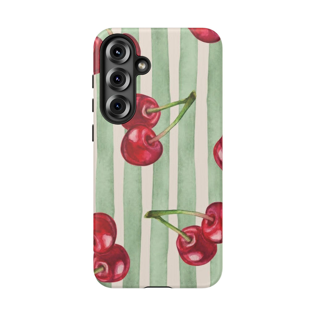 Cherry Stripe Phone Case – Retro Watercolor Cherries on Mint Stripes