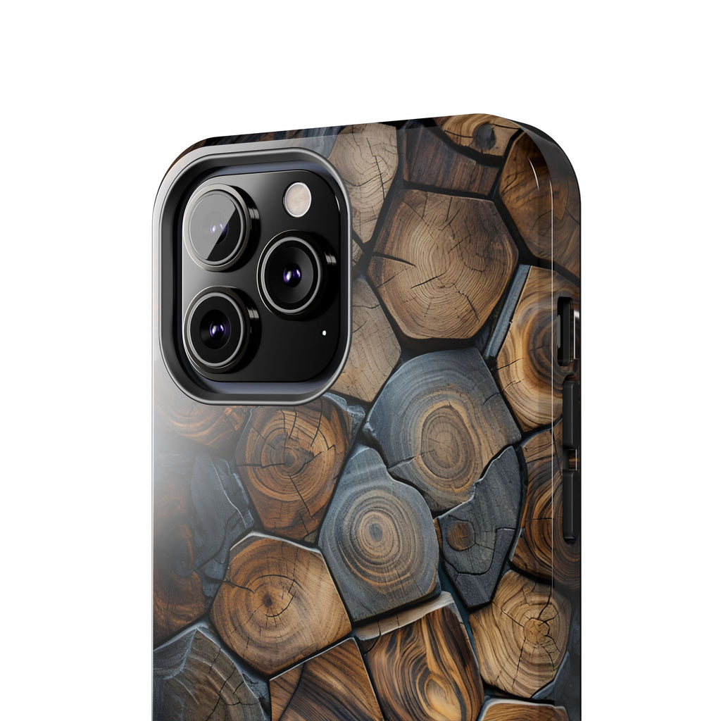 Woodgrain Hex Pattern Tough Phone Case — Rustic Log Cross-Section Design