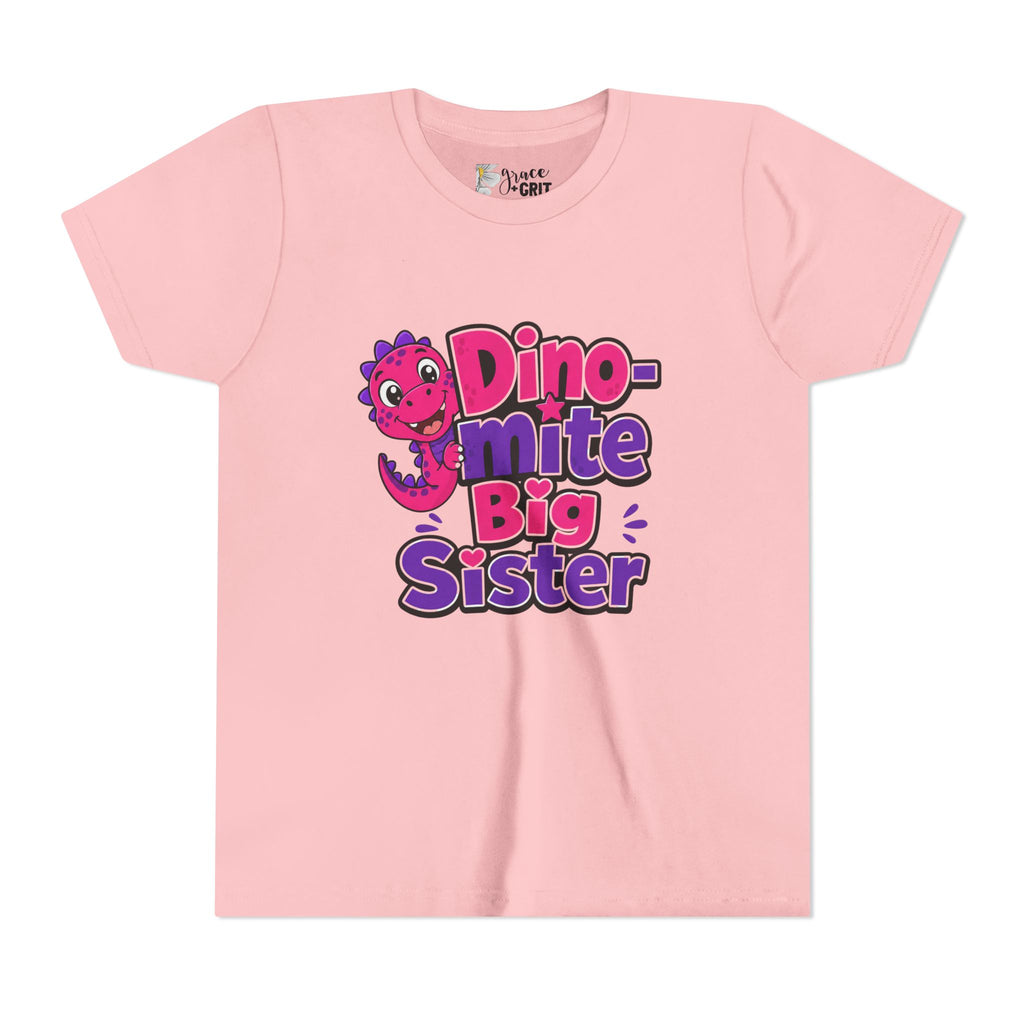 Dino-mite Big Sister Youth Tee — Cute Pink Dinosaur Big Sister Shirt