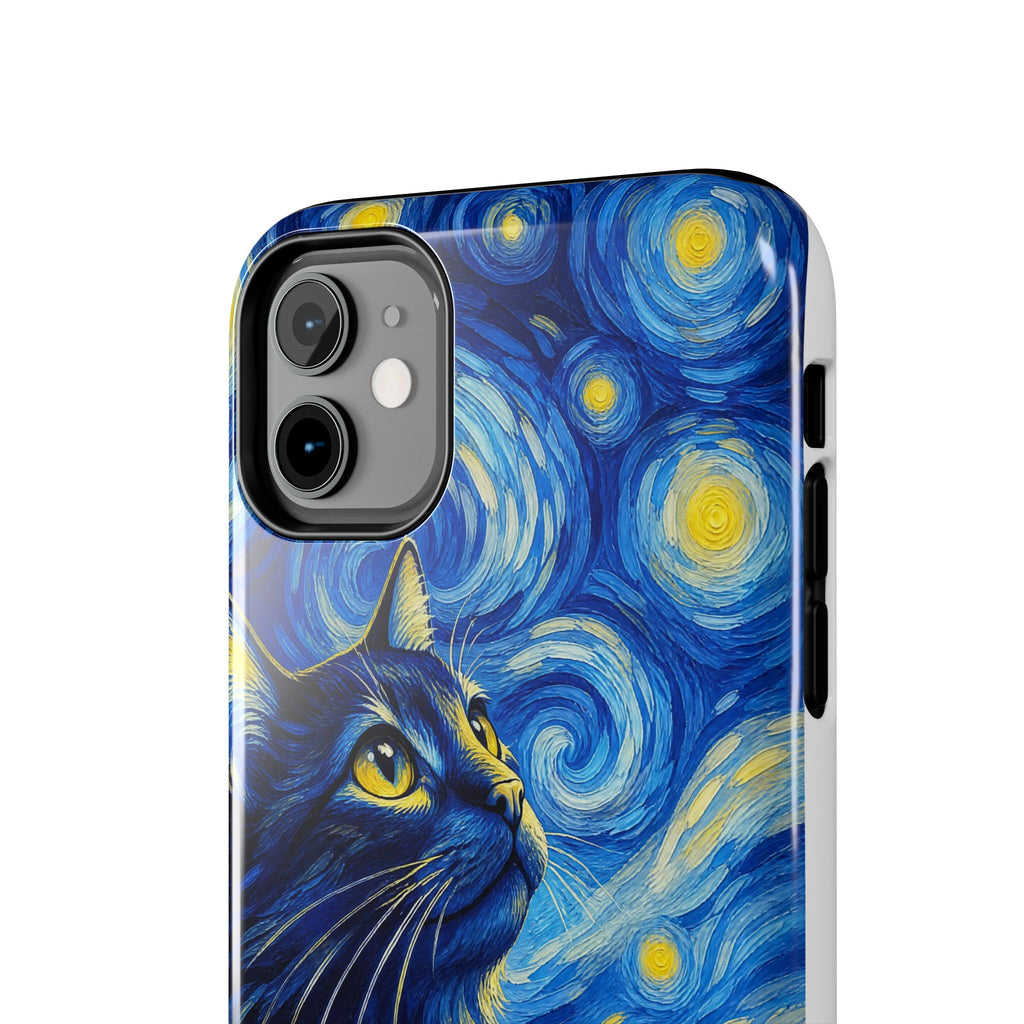 Starry Night Cat Tough Phone Case — Van Gogh Style Galaxy Kitten Protective Cover