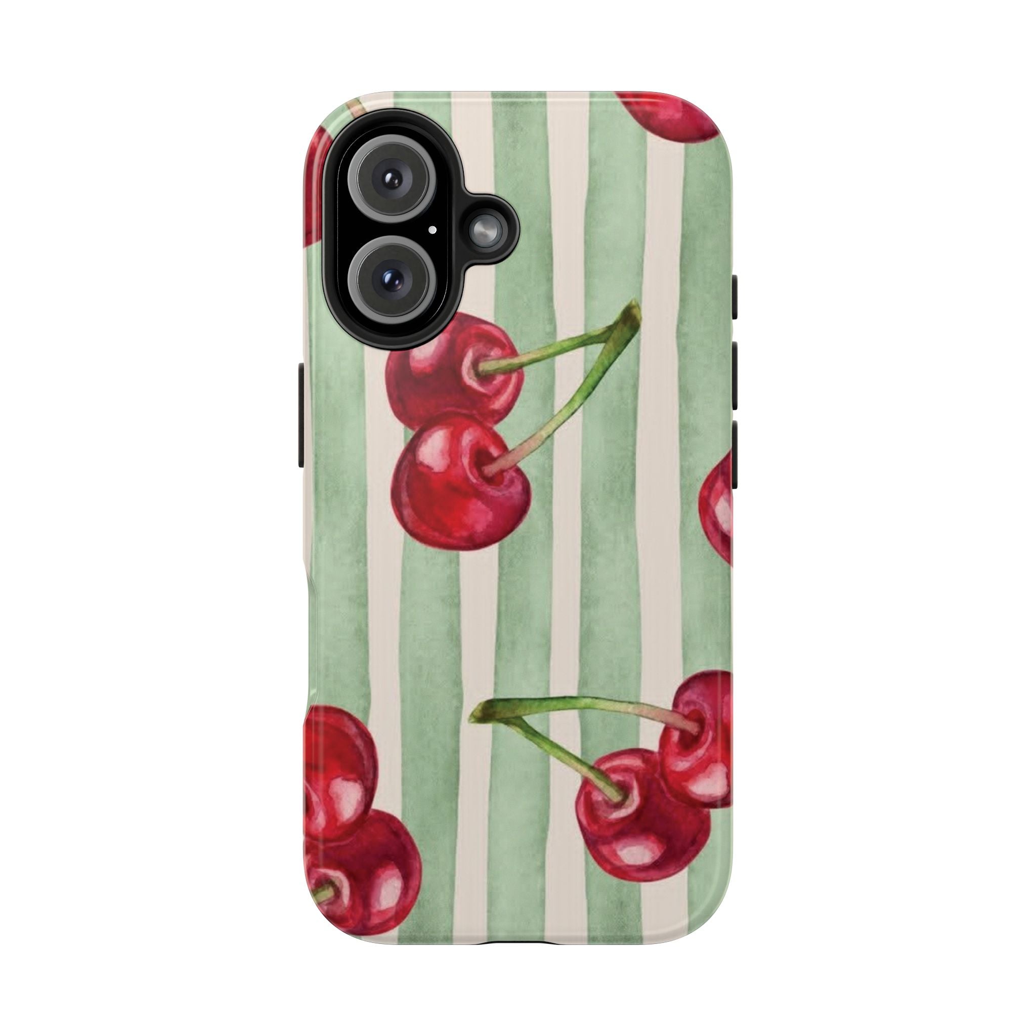 Cherry Stripe Tough Phone Case — Retro Watercolor Cherry Pattern Durable Phone Case