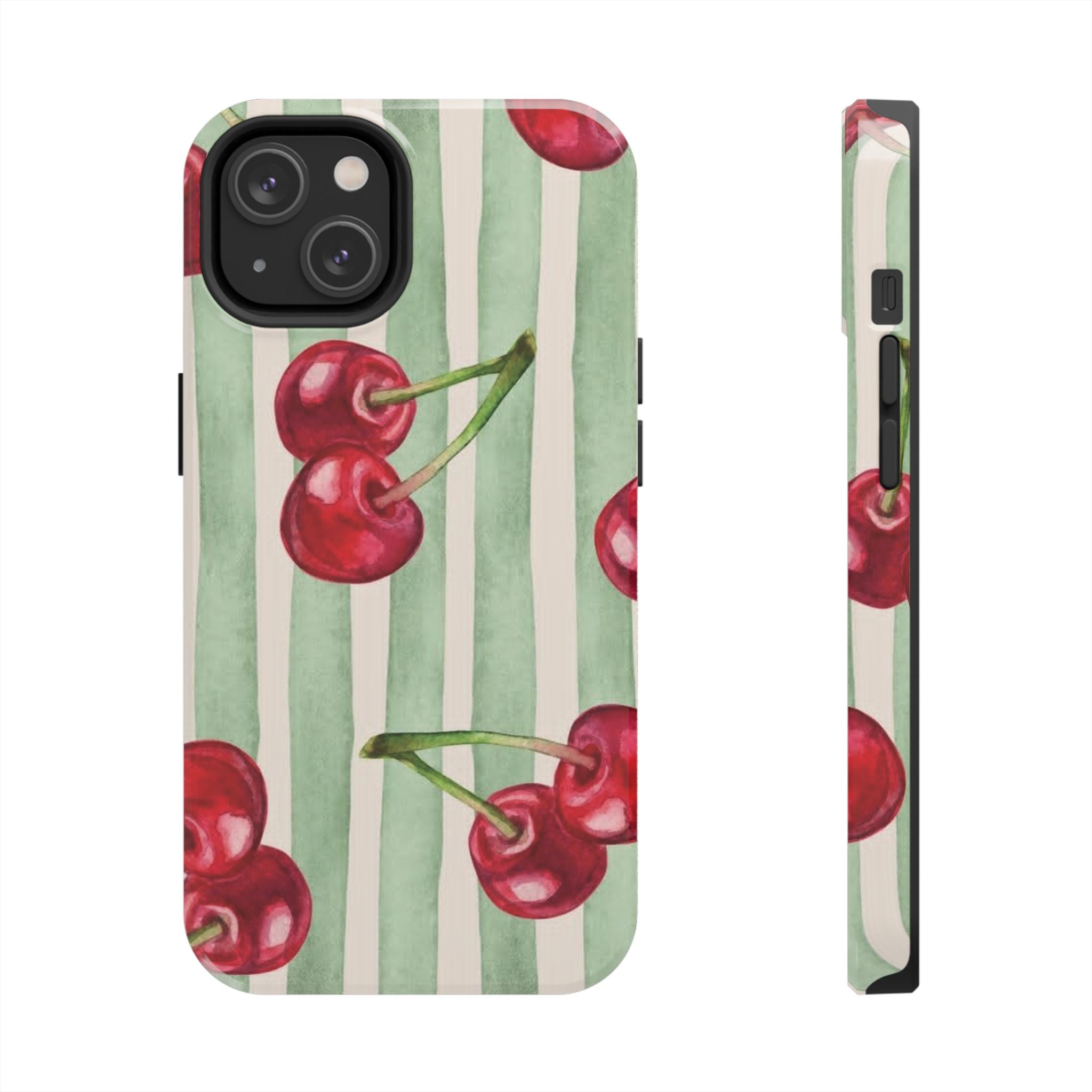 Cherry Stripe Tough Phone Case — Retro Watercolor Cherry Pattern Durable Phone Case