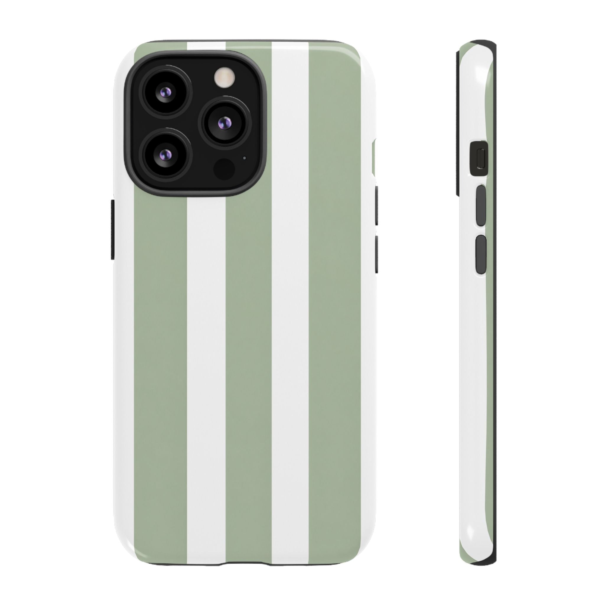 Striped Sage Tough Phone Case — Durable Green & White Vertical Stripe Phone Cover