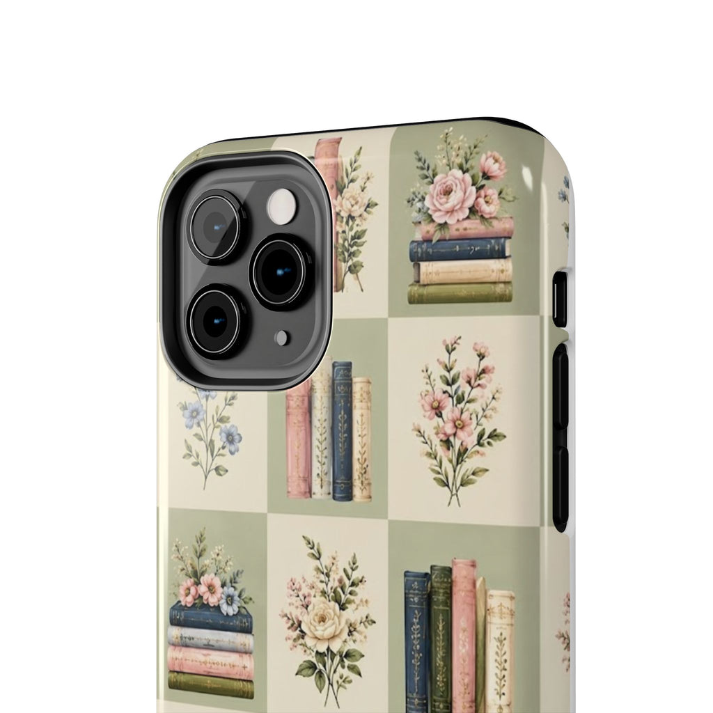 Floral Bookshelf Tough Phone Case — Vintage Floral & Stacked Books Pattern