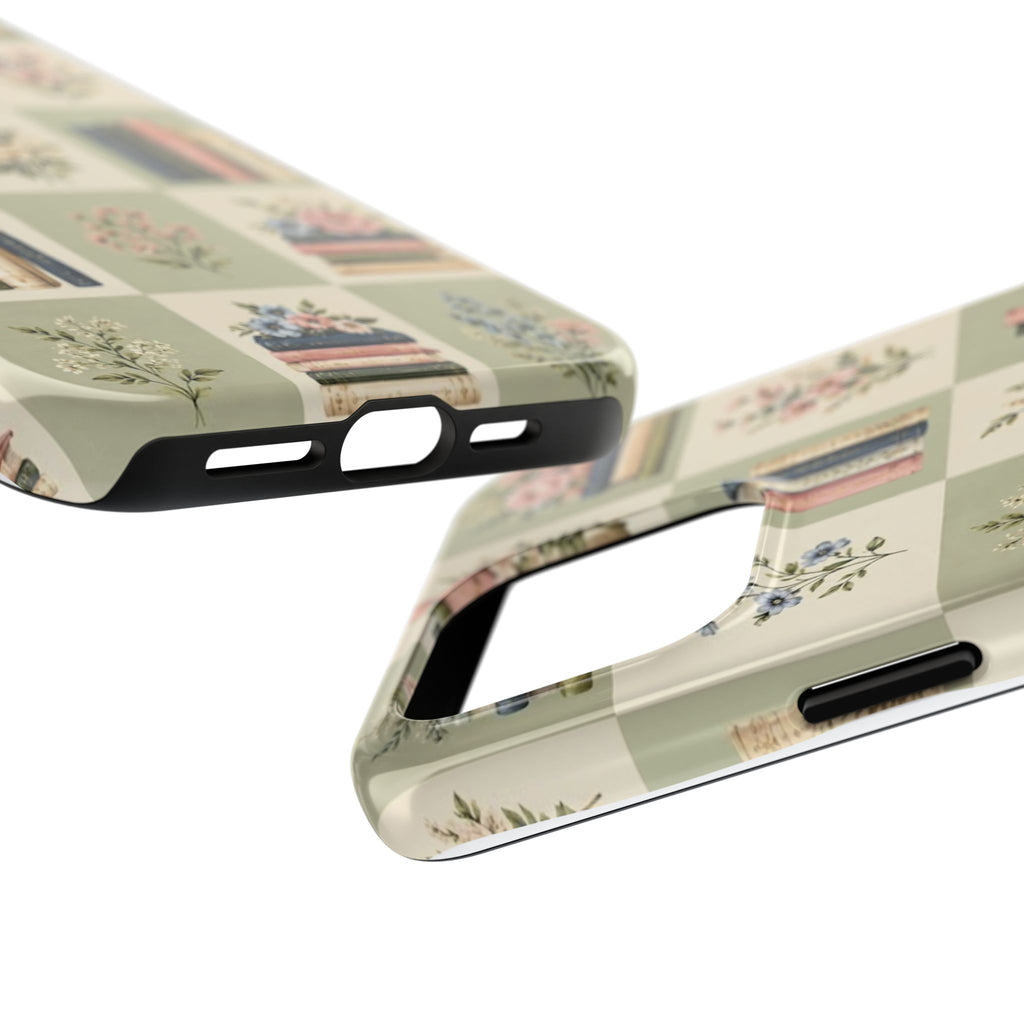 Floral Bookshelf Tough Phone Case — Vintage Floral & Stacked Books Pattern