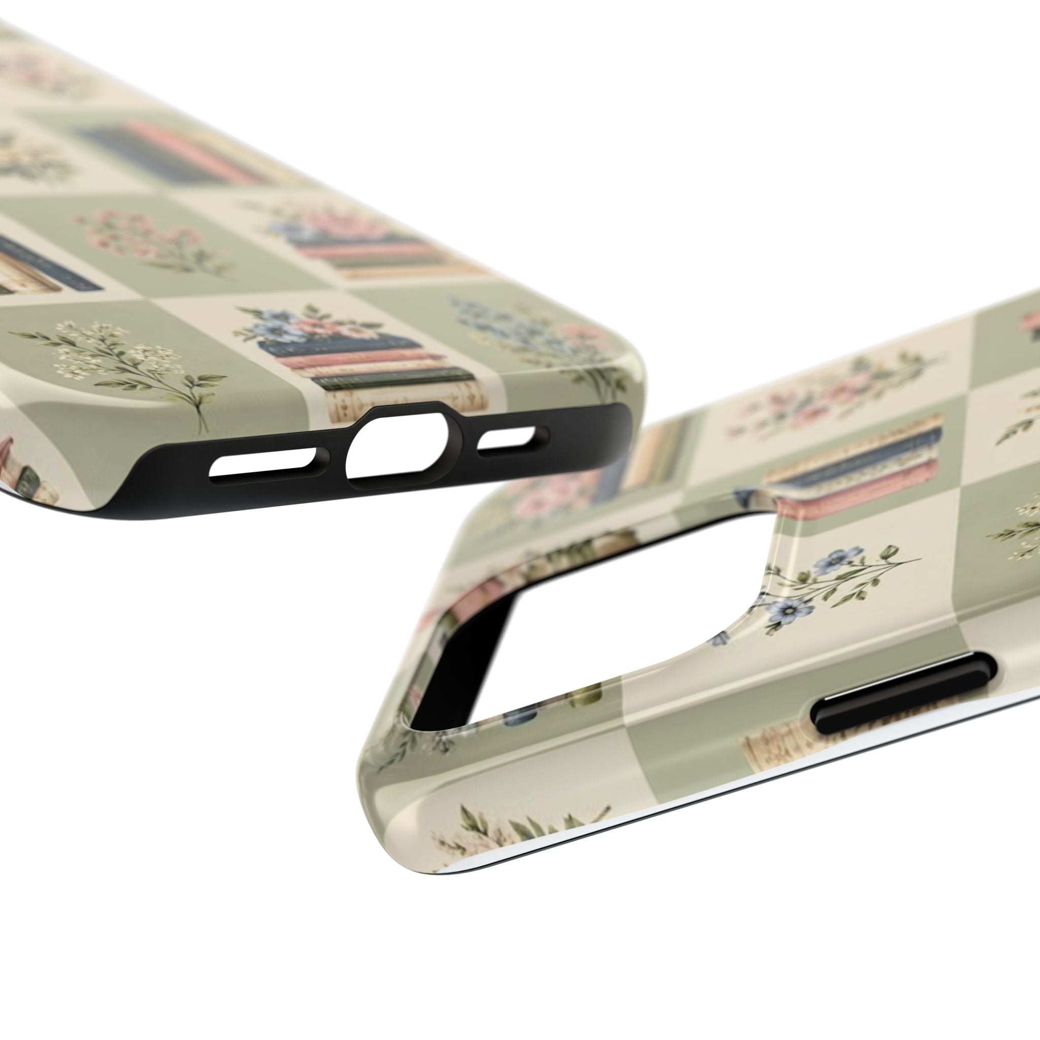 Floral Bookshelf Tough Phone Case — Vintage Floral & Stacked Books Pattern