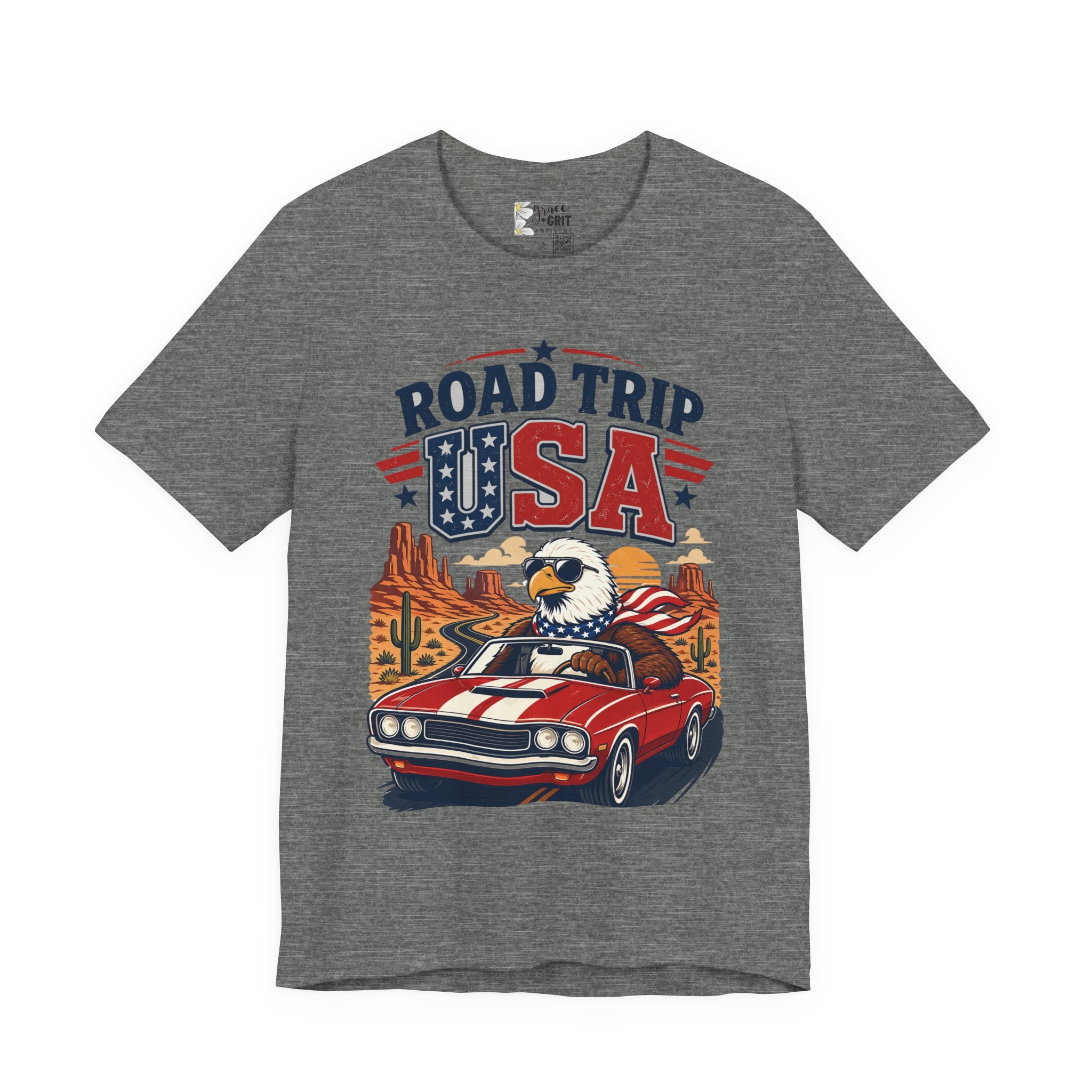 Road Trip USA Tee — Vintage Eagle & Muscle Car Patriotic T‑Shirt