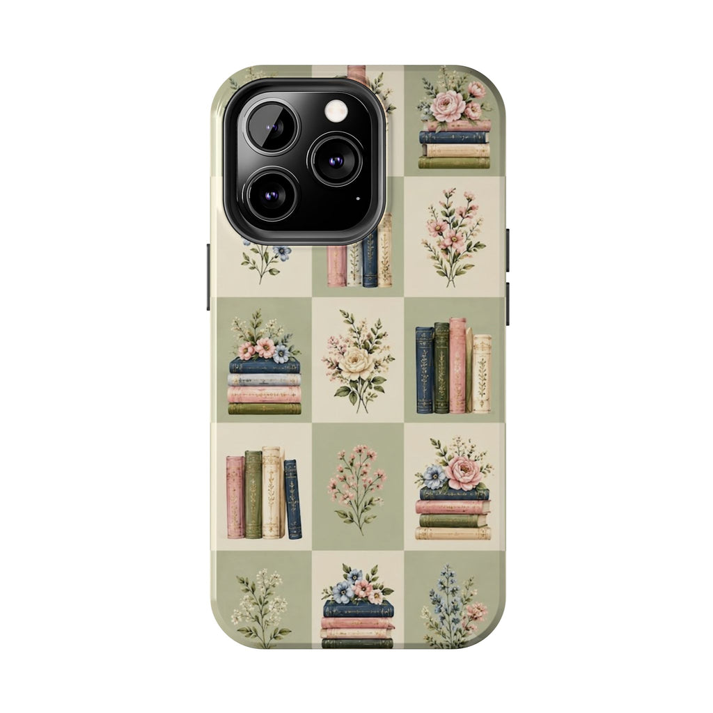 Floral Bookshelf Tough Phone Case — Vintage Floral & Stacked Books Pattern