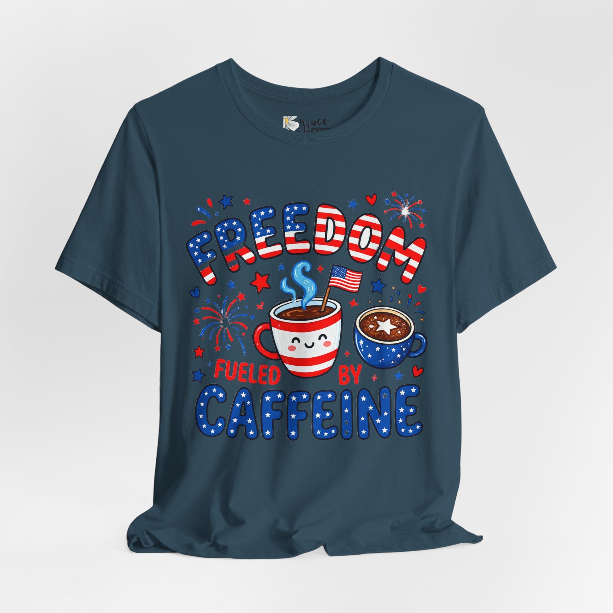 Freedom Fueled By Caffeine T-Shirt — Patriotic Coffee Tee
