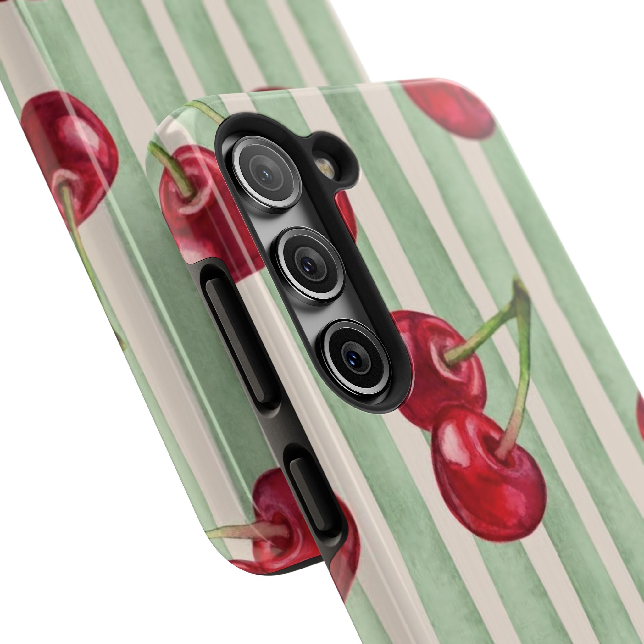 Cherry Stripe Tough Phone Case — Retro Watercolor Cherry Pattern Durable Phone Case