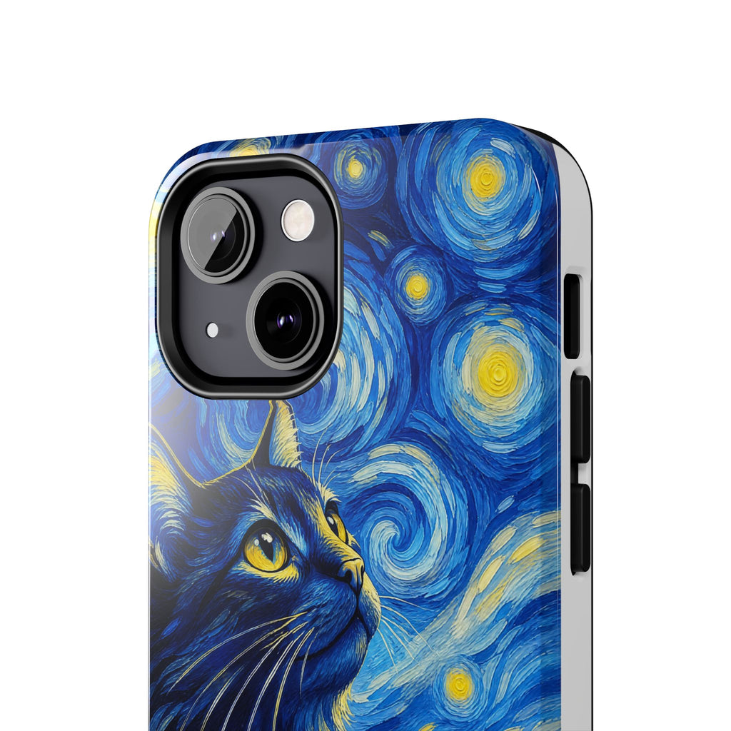 Starry Night Cat Tough Phone Case — Van Gogh Style Galaxy Kitten Protective Cover