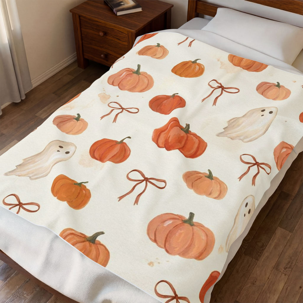 Velveteen Plush Blanket – Cute Halloween Pumpkins, Ghosts & Bows