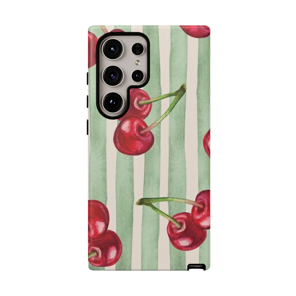 Cherry Stripe Phone Case – Retro Watercolor Cherries on Mint Stripes