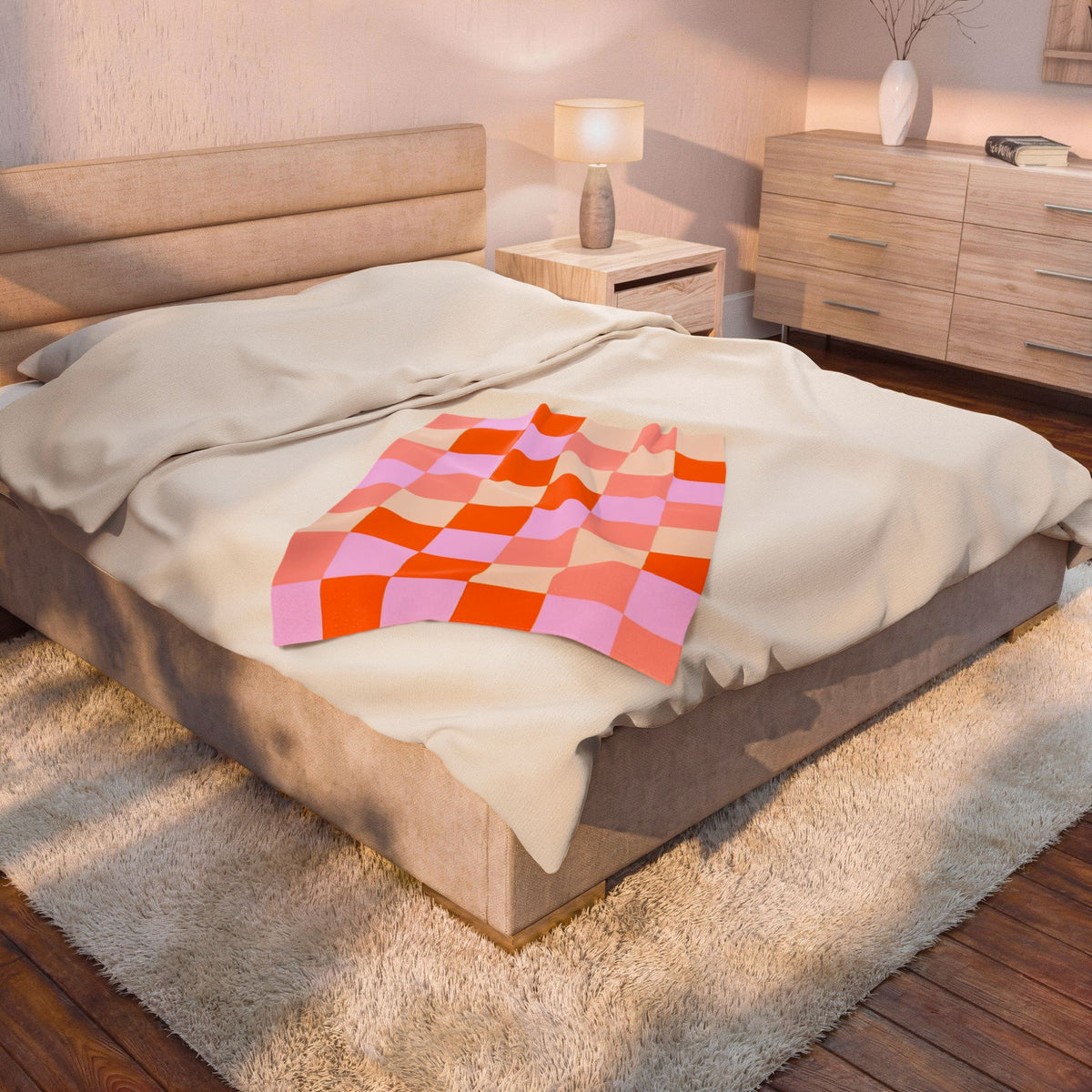 Retro Checkerboard Velveteen Plush Blanket – Pink, Orange & Lavender