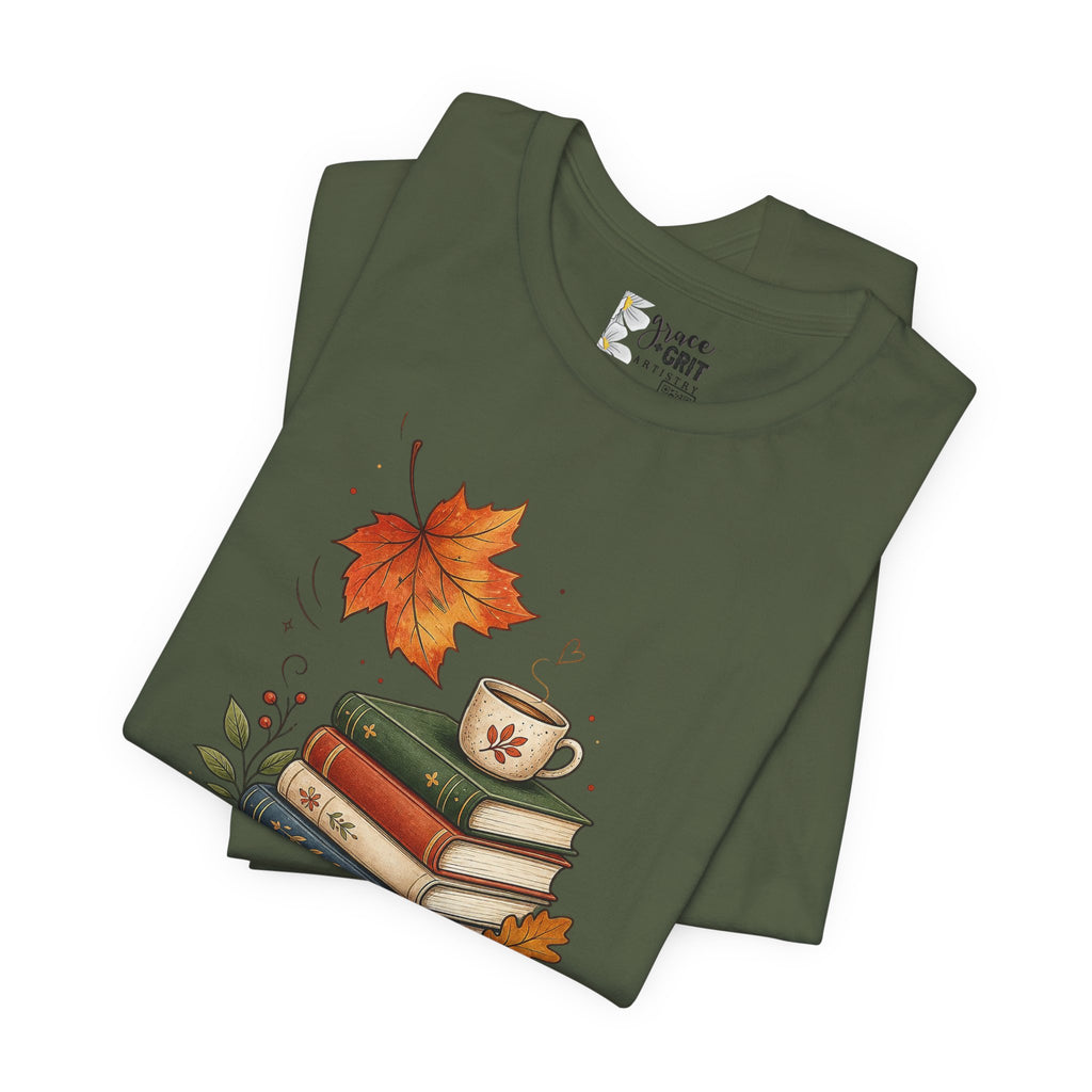 Fall Homeschool T‑Shirt – “Falling into Homeschool” Autumn Books & Coffee Tee