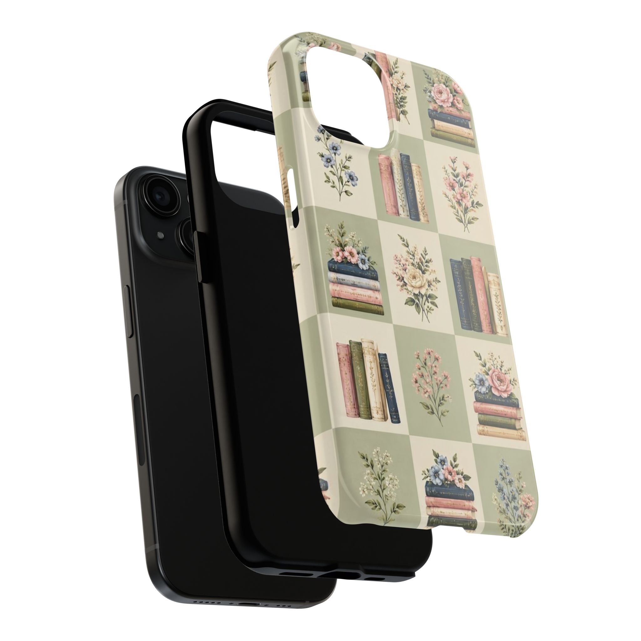 Floral Bookshelf Tough Phone Case — Vintage Floral & Stacked Books Pattern