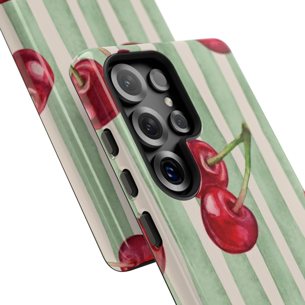 Cherry Stripe Phone Case – Retro Watercolor Cherries on Mint Stripes