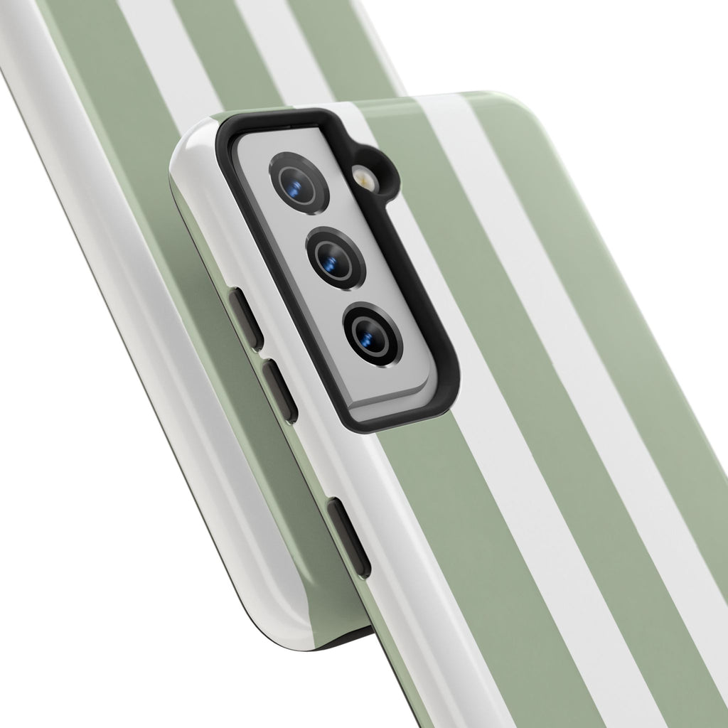Sage & White Striped Tough Phone Case — Durable Protective Phone Cover