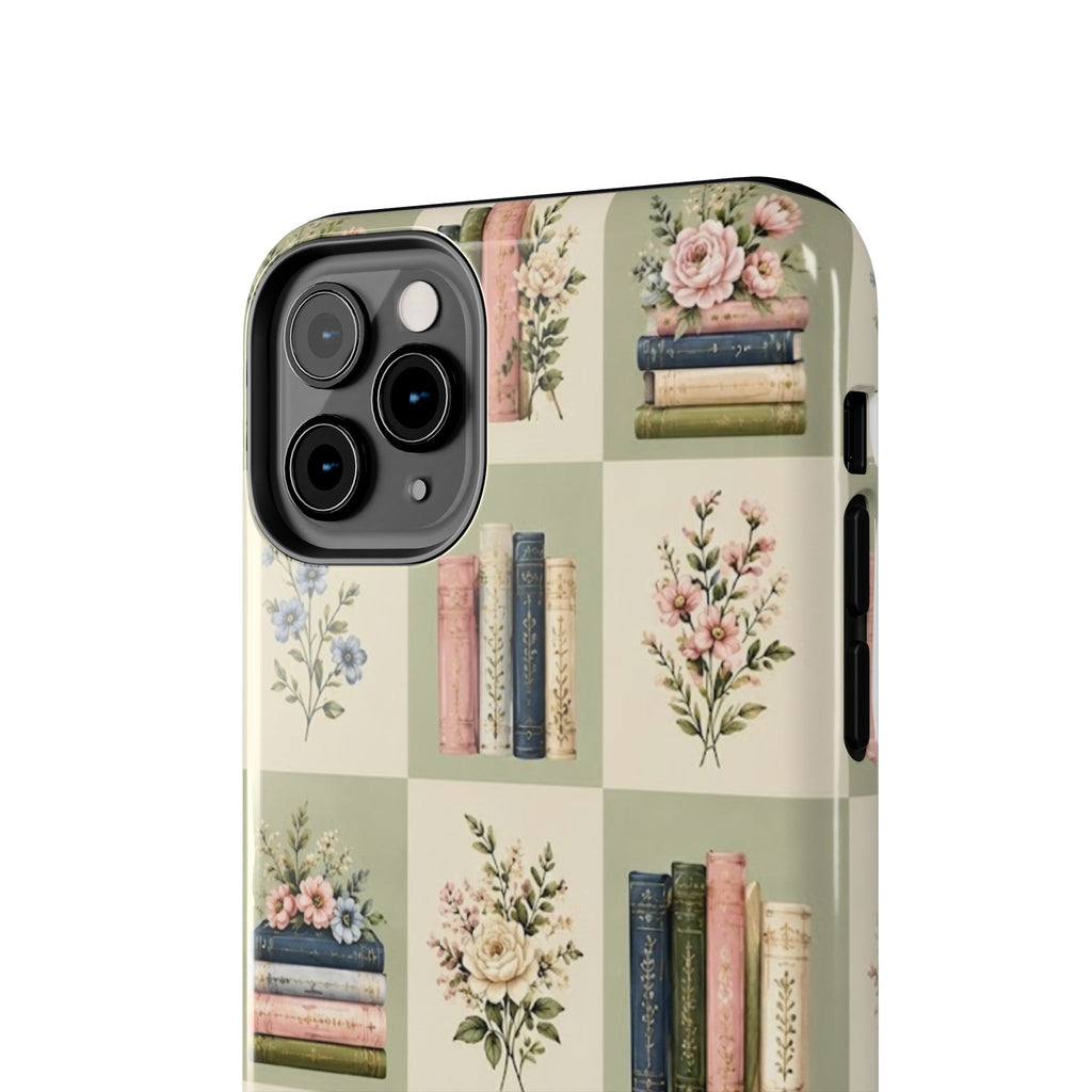 Floral Bookshelf Tough Phone Case — Vintage Floral & Stacked Books Pattern