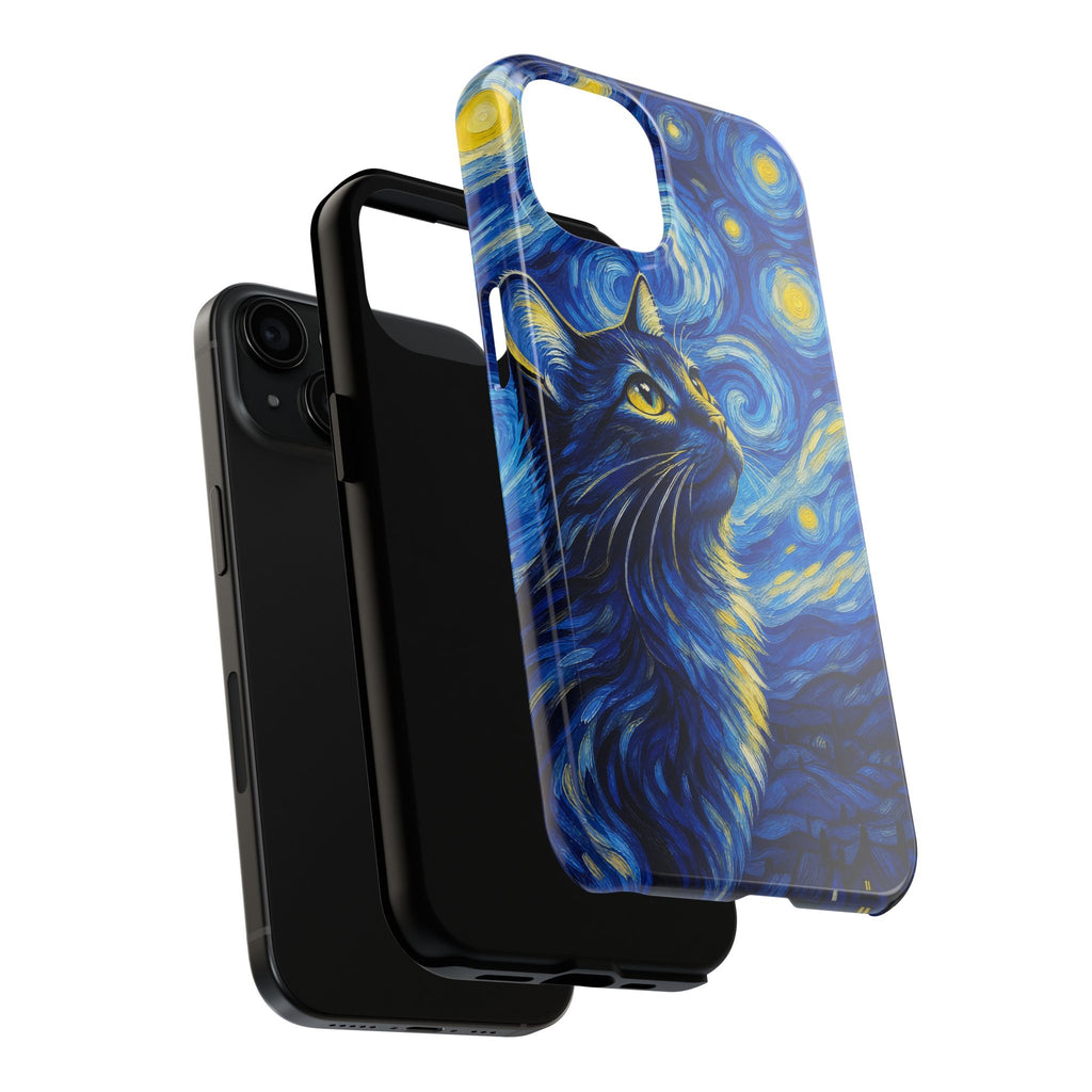 Starry Night Cat Tough Phone Case — Van Gogh Style Galaxy Kitten Protective Cover
