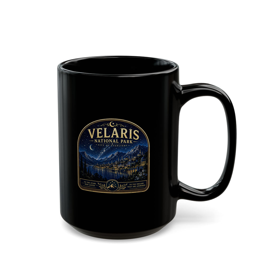 Velaris National Park Mug — Black Coffee Cup with Night Sky Cityscape