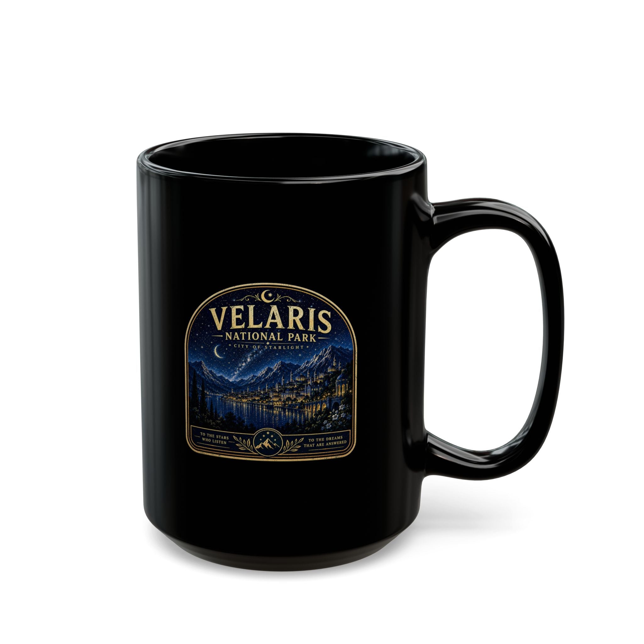 Velaris National Park Mug — Black Coffee Cup with Night Sky Cityscape