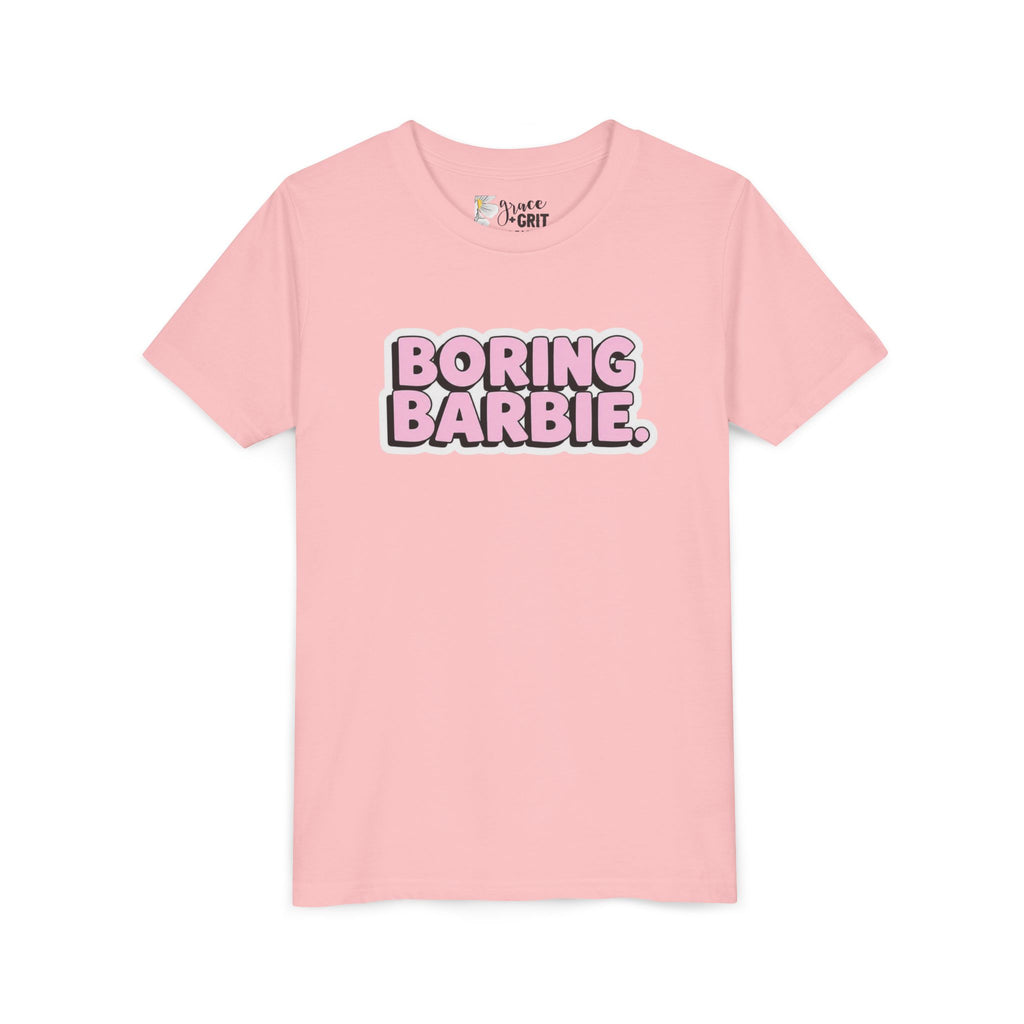 Youth Tee — "Boring Barbie" Pink Bubble Letter Graphic