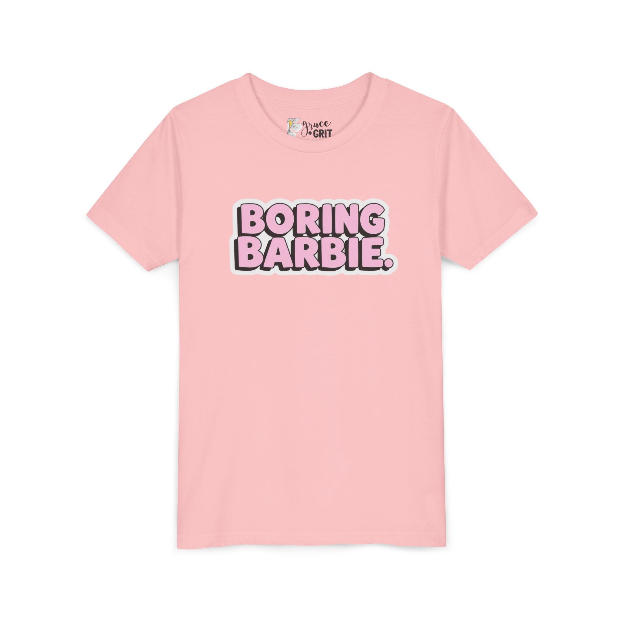 Youth Tee — "Boring Barbie" Pink Bubble Letter Graphic