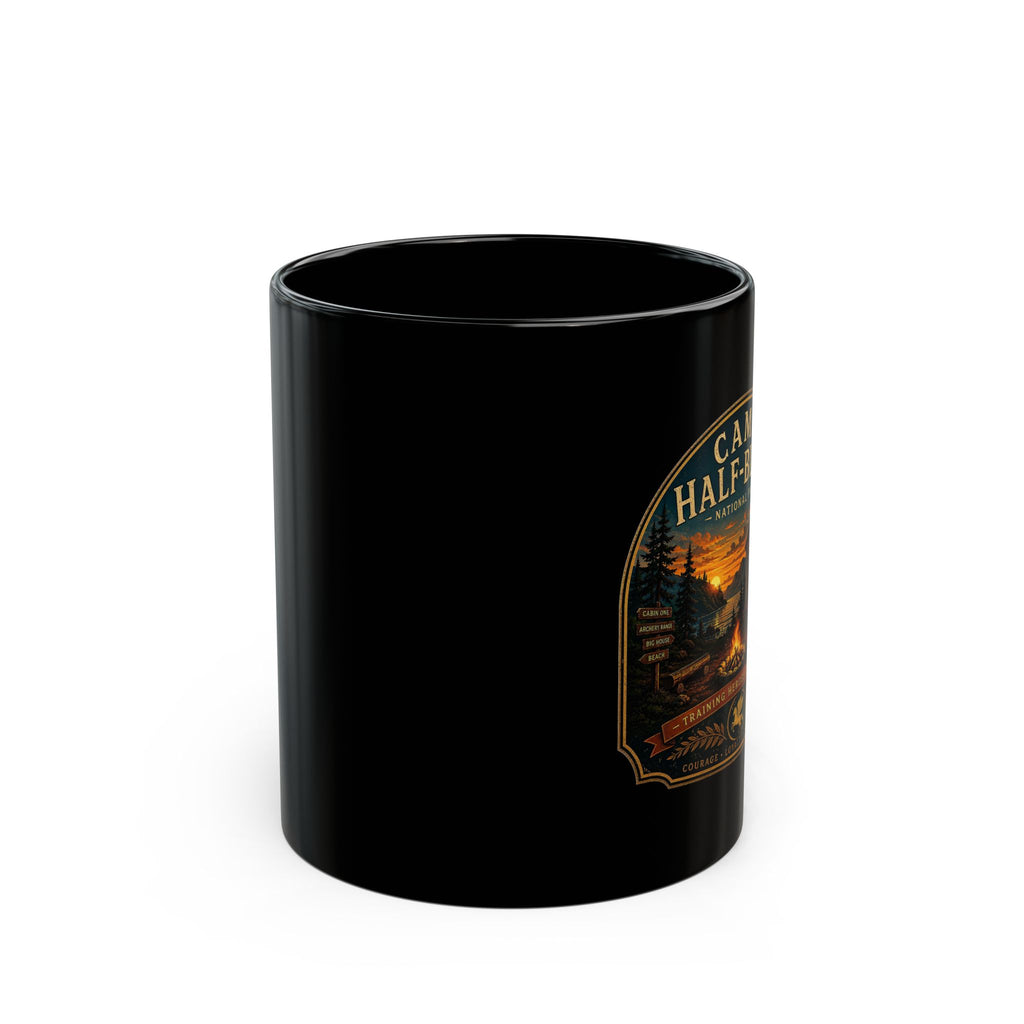 Camp Half-Blood Black Mug — Mythical Cabin & Campfire Coffee Cup (11oz/15oz)