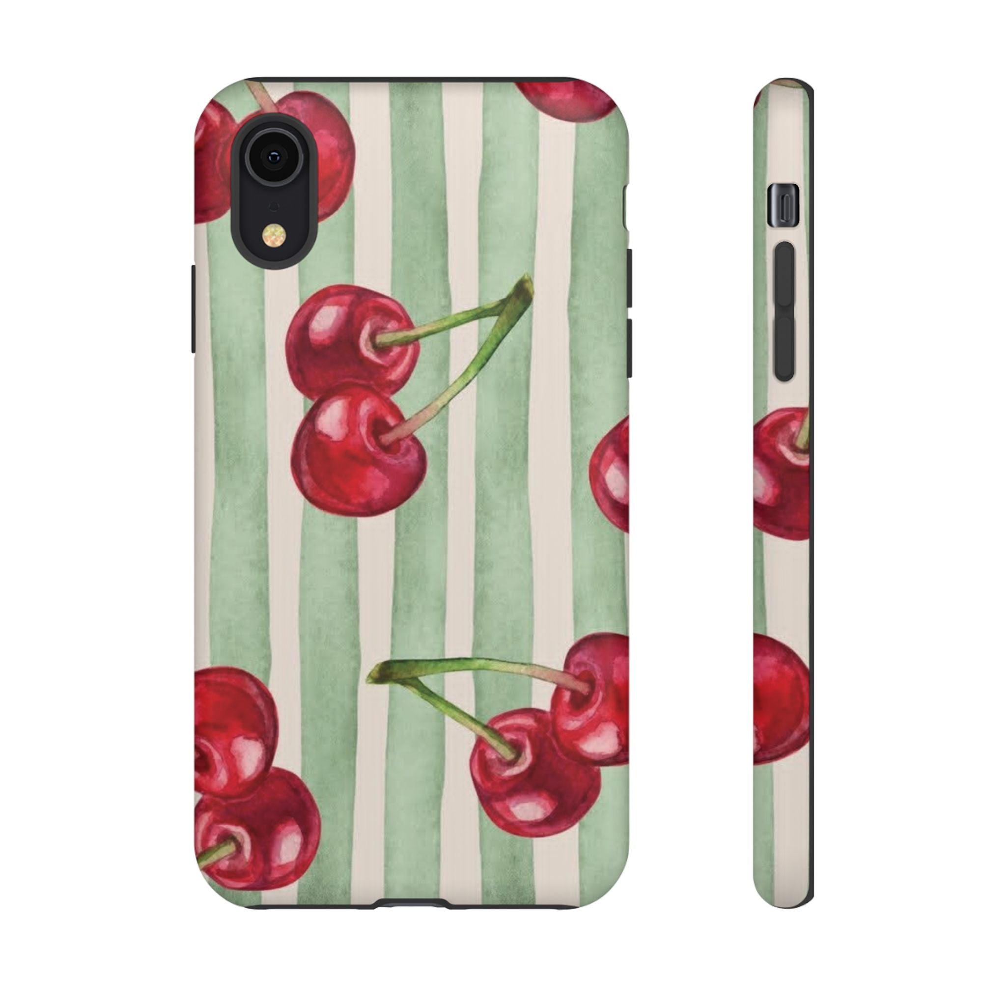 Cherry Stripe Phone Case – Retro Watercolor Cherries on Mint Stripes