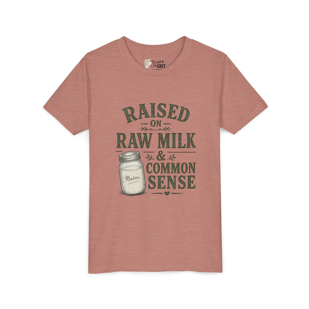 Youth Tee — "Raised on Raw Milk & Common Sense" Vintage Farm Kid Shirt