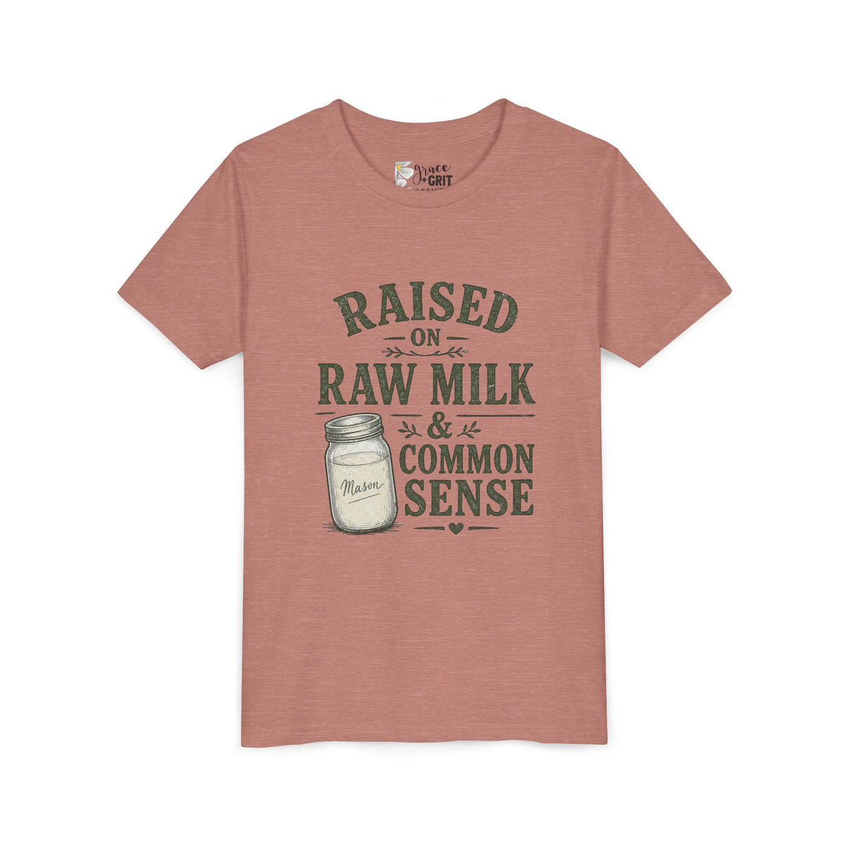Youth Tee — "Raised on Raw Milk & Common Sense" Vintage Farm Kid Shirt