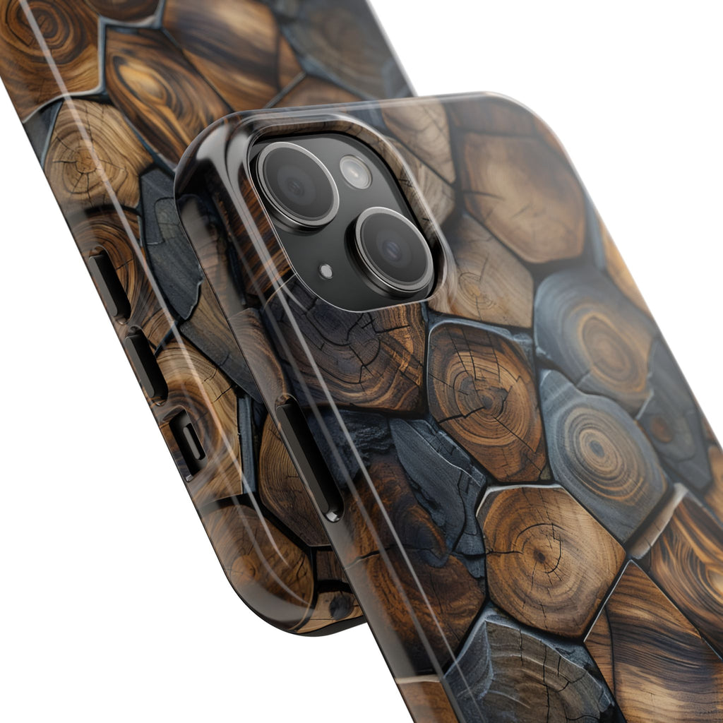 Woodgrain Hex Pattern Tough Phone Case — Rustic Log Cross-Section Design
