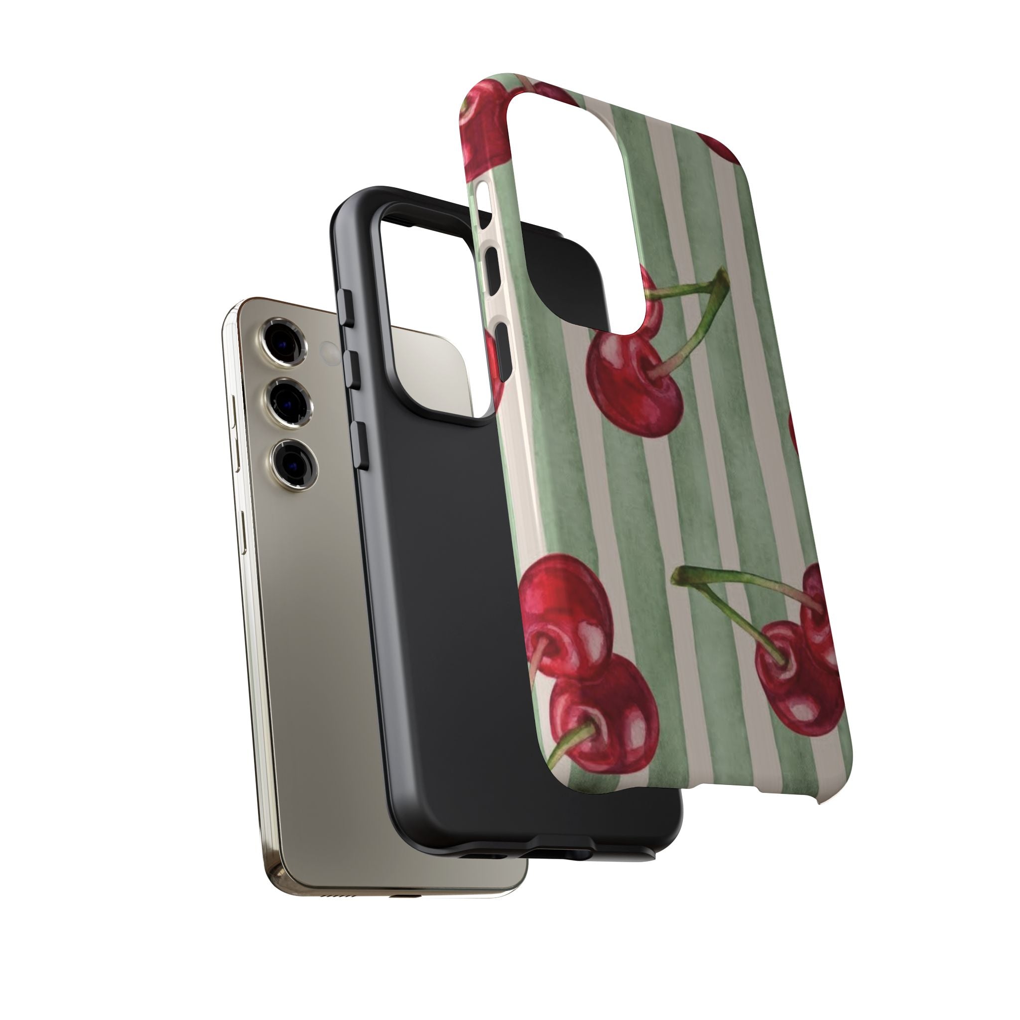 Cherry Stripe Phone Case – Retro Watercolor Cherries on Mint Stripes