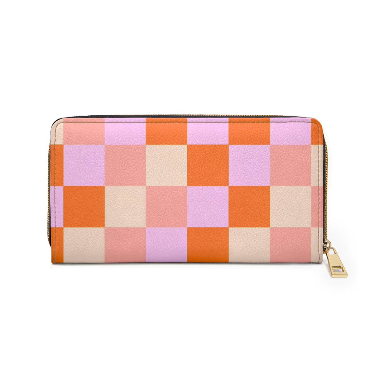 Pastel Checkerboard Zipper Wallet – Pink, Orange & Lavender Geometric Design